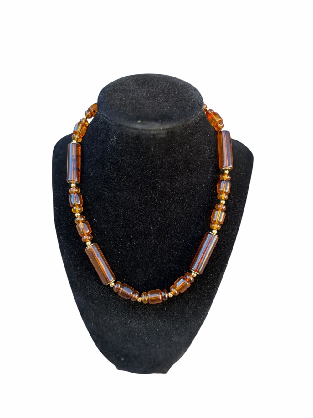 Vintage 1970s Trifari Faux Amber Lucite Barrel Bead Necklace